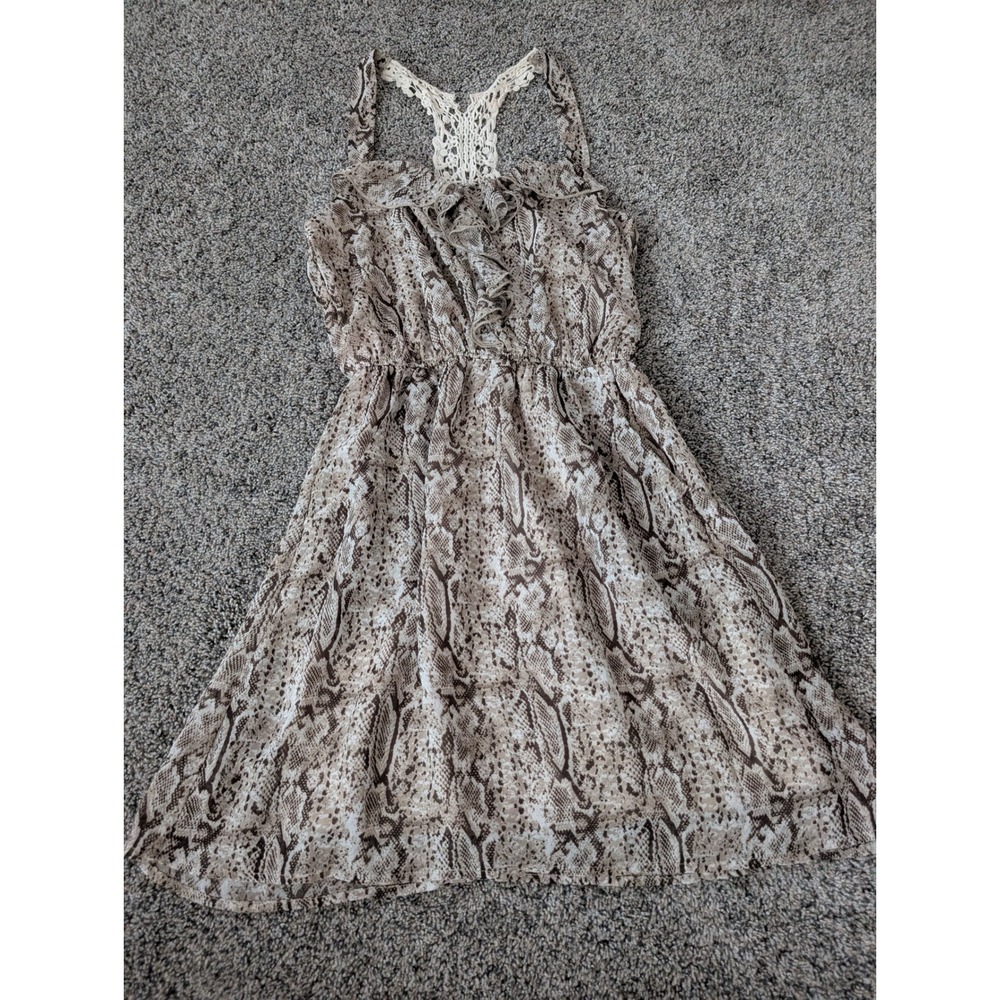 Y2K Speechless Brown Snake Print Ruffle Mini Dress Crochet Lace Back Small‎